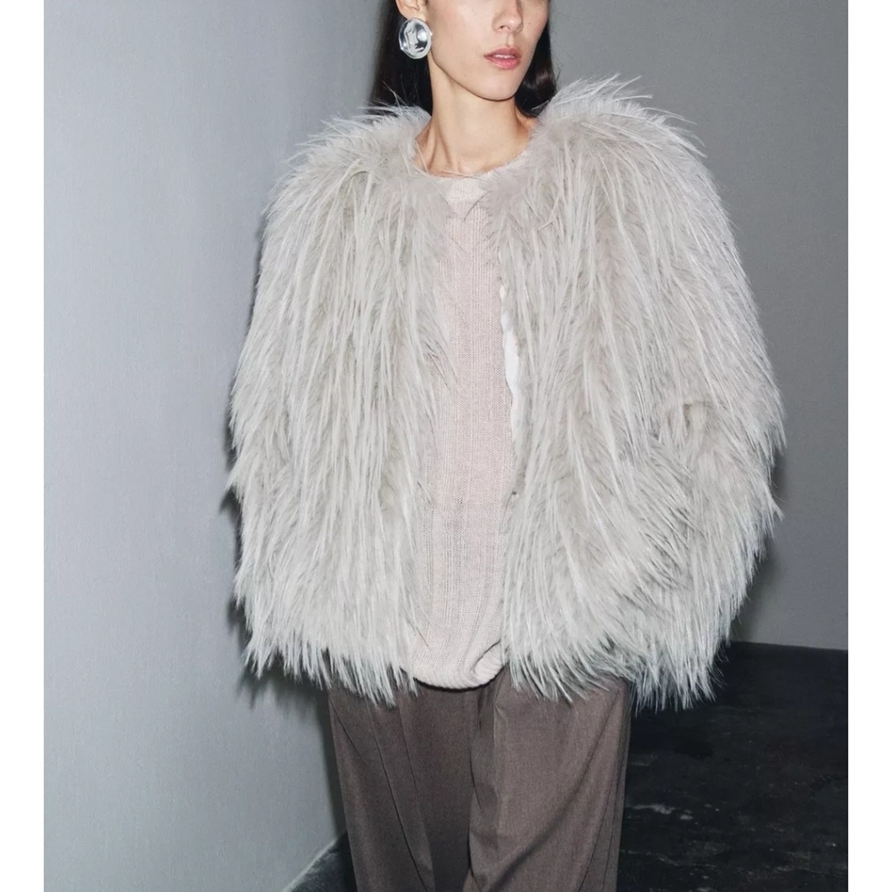Zara ZW Collection Faux Fur Bomber Coat Silver Gray-NWT -MEDIUM
